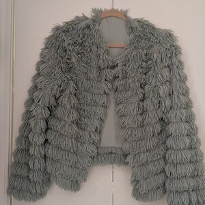 Women's Open Front Cardigan Faux Fur Coat Parka Sage Green Shaggy Size Large